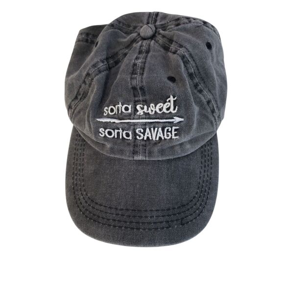 Women's "sorta sweet, sorta savage" Adjustable Grey Baseball Hat - Picture 1 of 7